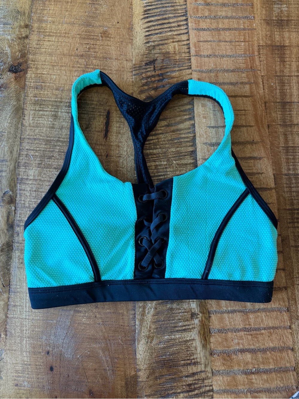 Body Glove Turquoise Sports Bra with Black Trim and Lace-Up Front